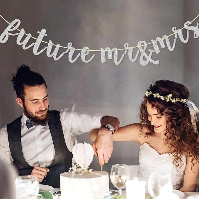 Future Mr & Mrs Banner, Engagement Decorations for Bridal Shower, Bride and Groom Party Pre-Strung (Silver Glitter)