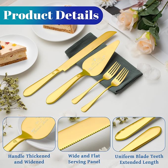 Cake Cutting Set for Wedding, Elegant Cake Knife and Server Set with Stainless Steel Forks, Cake Cutter and Pie Spatula for Couples Wedding Registry, Engagements, Anniversary, 4 Pcs, Gold