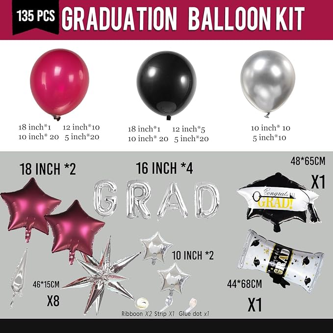 Black Maroon and Silver Balloon Garland Arch Kit 130+ Pieces with Maroon and Silver Stars, Graduation Certificate Graduation Cap GRAD Letters Mylar Balloons for 2026 Graduation Prom Decorations