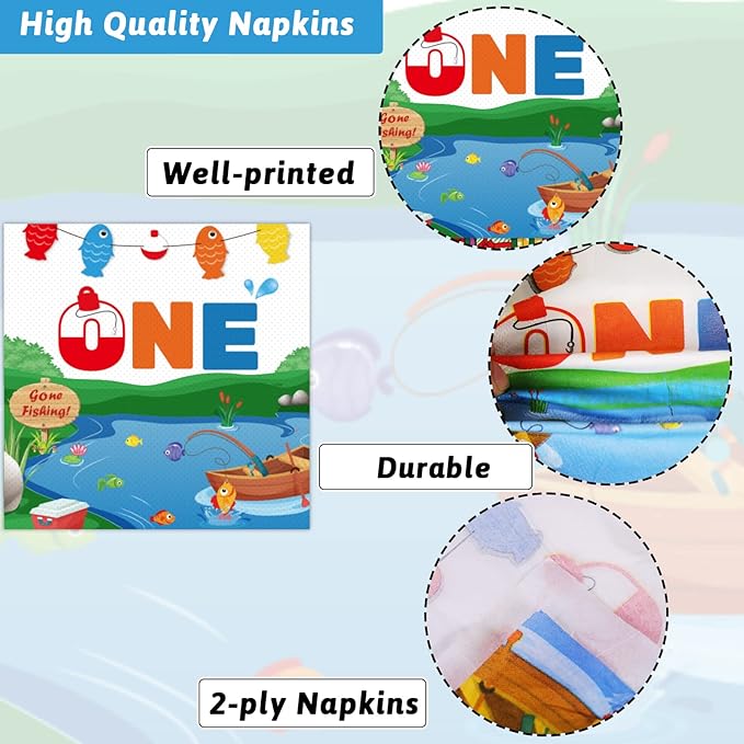 96 Pcs Ofishally One Birthday Party Paper Plate and Napkins Gone Fishing 1st Party Party Decorations Little Fisherman Tableware Set Disposable The Big One Birthday Supplies for Party Favors 24 Guests