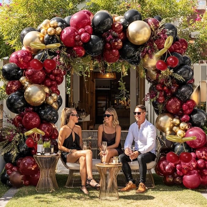 Burgundy Black Balloon Arch Double Stuffed Dark Ruby Red Gold Maroon Black Balloon Garland Kit for Birthday Valentine Day Wedding Bridal Shower Engagement Cherry Anniversary Party Decor
