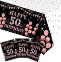 3 PCS Happy 50th Birthday Tablecloth Decorations Black and Rose Gold Theme Tablecloth Plastic Disposable Table Decorations for Women Birthday Anniversary Celebration Party Supplies