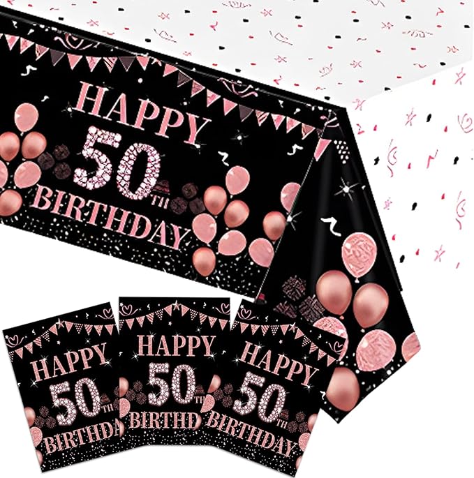 3 PCS Happy 50th Birthday Tablecloth Decorations Black and Rose Gold Theme Tablecloth Plastic Disposable Table Decorations for Women Birthday Anniversary Celebration Party Supplies