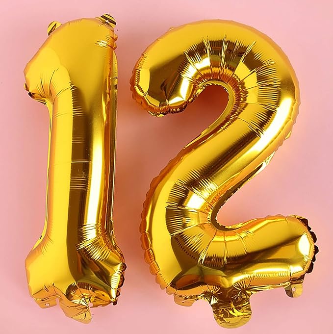 Large Gold 12 Number Balloons, 40 Inch Jumbo Number 12 Balloon, Gold Foil Mylar Balloons for Girl Sweet 12th/21th Birthday Party, Anniversary Decorations