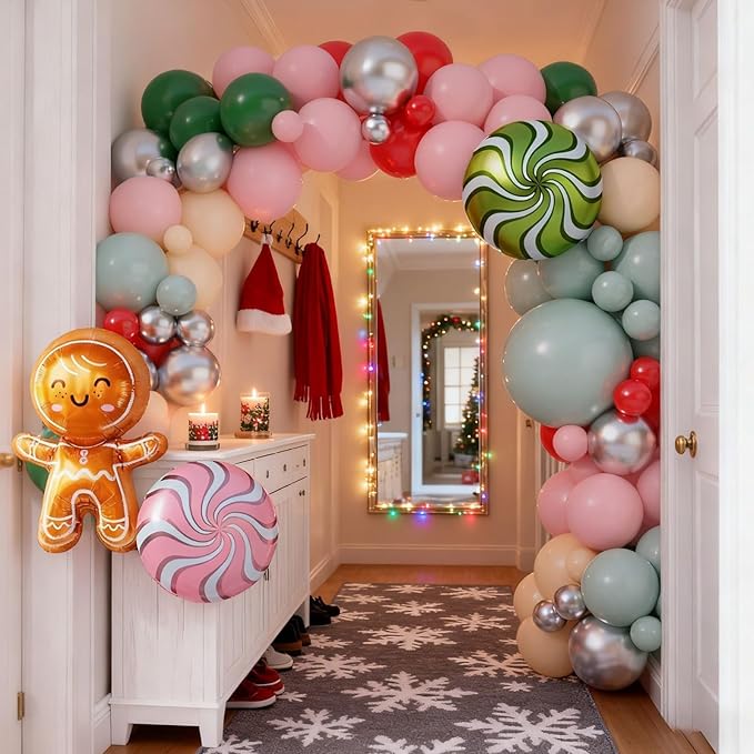 Christmas Balloon Arch Kit, Macaron Pink Red Green Ivory Metallic Silver Candy-Themed Balloons with Gingerbread Style Foil Balloons for Christmas Birthday Party Decorations Baby Shower Backdrop