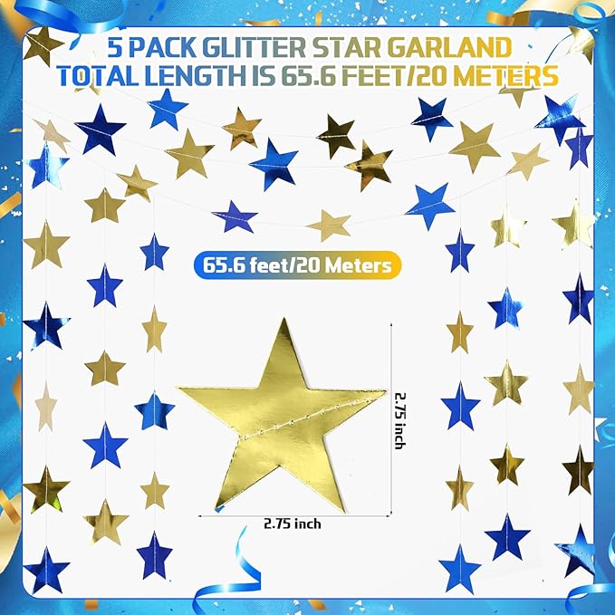 Spakon 65 Feet Glitter Star Shaped Paper Garland Banner Hanging Decoration Star Streamer Double Side 2026 Graduation Decorations for Wedding Birthday New Year Party Decoration (Gold and Blue)