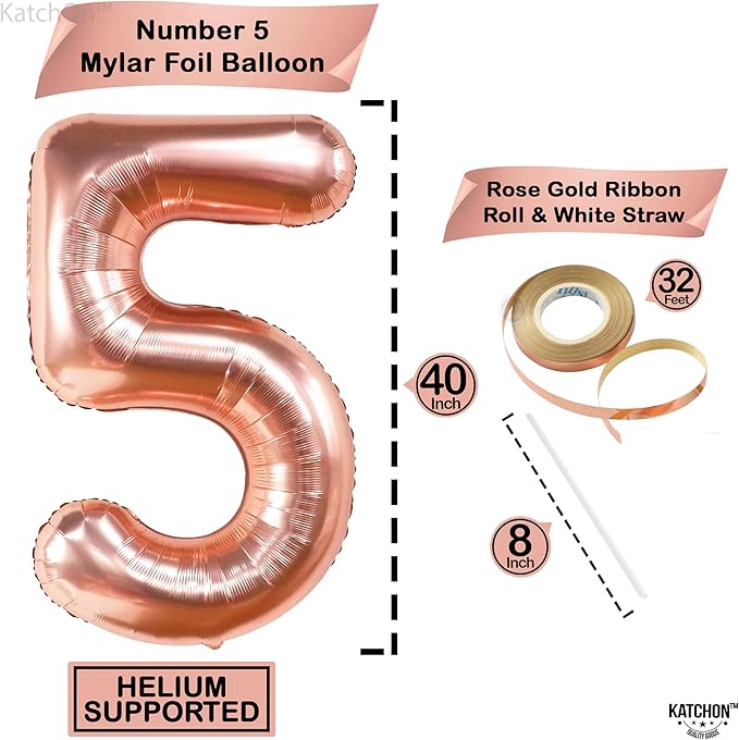 KatchOn, Giant, Rose Gold Number 5 Balloon - 40 Inch | Five Balloon | Rose Gold 5 balloon, Rose Gold 5th Birthday Decorations for Girls | Rose Gold 5 Birthday balloons for Girl