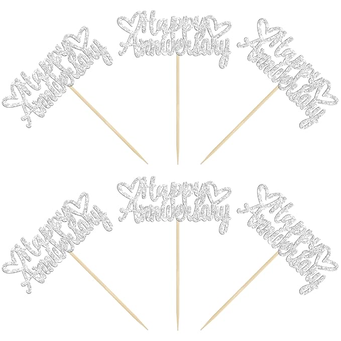Gyufise 24Pcs Glitter Happy Anniversary Cupcake Toppers Anniversary Party Supplies Cake Decoration Wedding Celebration Party Decoration Supplies Silver