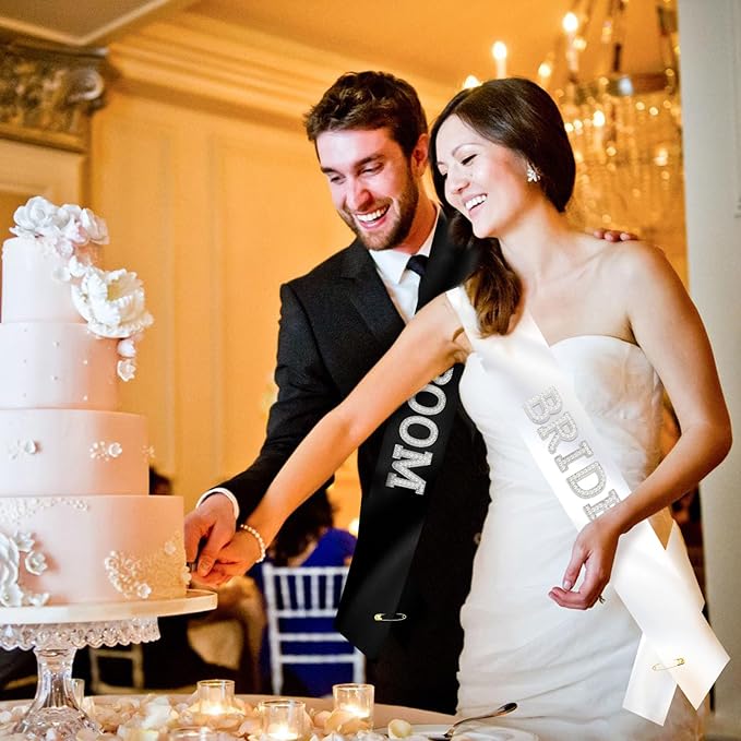2Pcs Pearl Bride and Groom Sash - White BRIDE Sash & Black GROOM Sash for Bachelorette Party, Hen Party, Wedding, Bridal Shower & Engagement Favors