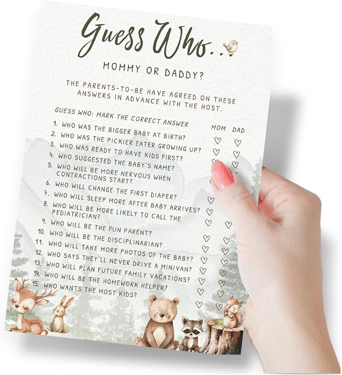 Printed Party Woodland Baby Shower Games for Boy – Set of 4 Games for 30 Guests, Forest Animal Theme, Includes Bingo, Mommy Trivia, Icon Storybook Phrases, and Guess Who Mommy or Daddy
