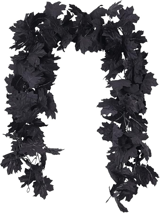 Halloween Black Christmas Garland Decor Indoor Table Decorations Fall Wall Hanging Artificial Black Maple Leaf Vine Decorations for Home (2 Pcs Halloween Garland, Set)