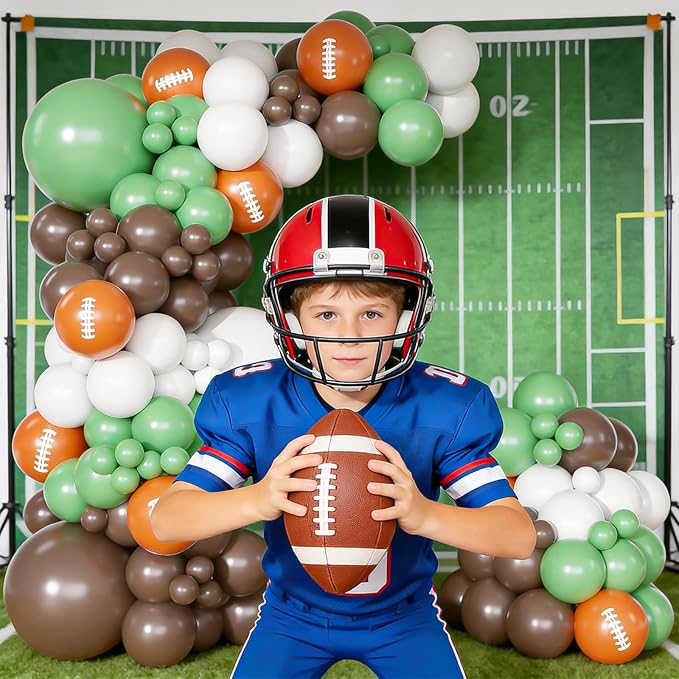 Football Balloon Arch Kit, Green Brown White Balloons Garland with Football Print Balloons for Kids Boy Men Sport Touch Down Rugby Theme Baby Shower Birthday Party Decorations Supplies