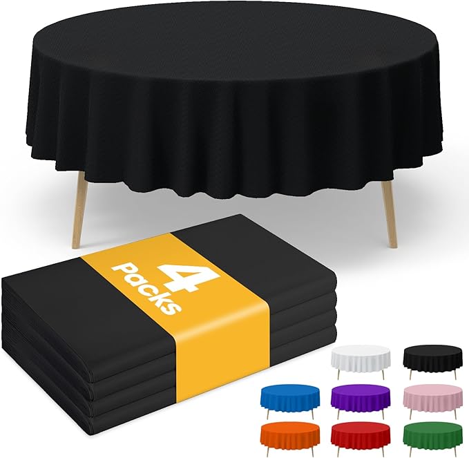 Black Plastic Table Cloth - 4 Pack 84" Round Disposable Tablecloths for Round Tables, Table Cover for Holiday Parties & Gatherings