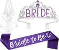 JETKONG 3 Pcs Bachelorette Party Decorations BRIDE Crown, Bride to Be Sash&Veil for Women Bachelorette Party Gifts, Bridal Shower Supplies, Gifts, Favors (Purple)