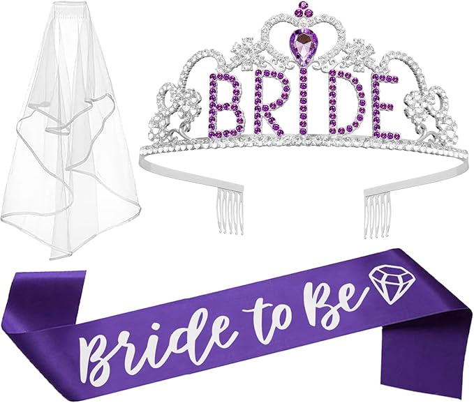 JETKONG 3 Pcs Bachelorette Party Decorations BRIDE Crown, Bride to Be Sash&Veil for Women Bachelorette Party Gifts, Bridal Shower Supplies, Gifts, Favors (Purple)
