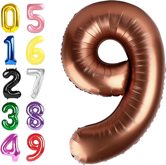 Coffee Brown Balloon Numbers 9, Large 40 Inch Happy 9 19 29 90 Birthday for Men And Women, Foil Balloons Decoratins for Wedding Anniversary, Single, New Year, Halloween Party Syupplies