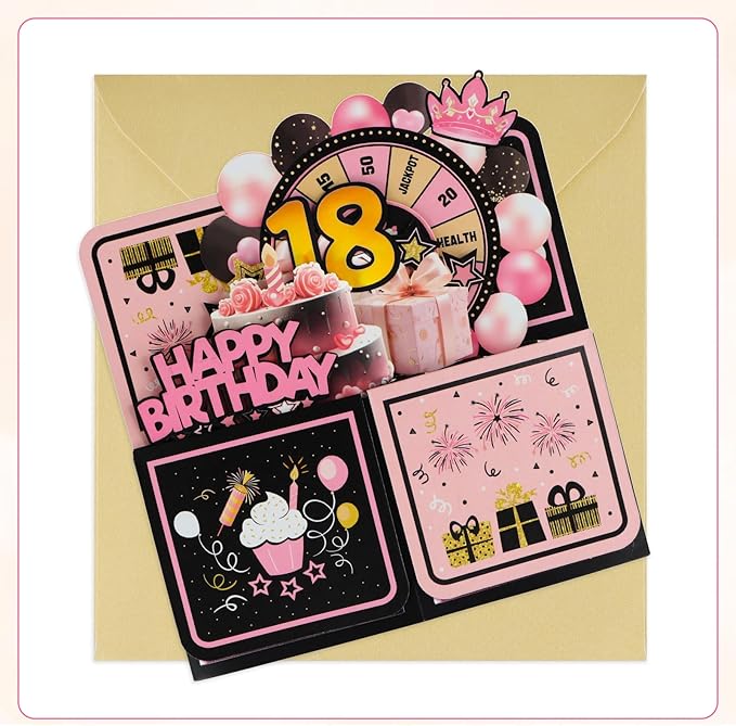 FaCraft Pop Up 18th Birthday Card - Handmade Happy Birthday Pop Up Greeting Cards Gift with Envelope and Blank Insert, Spinning Wheel Design, 18 Year Old Teens, Girls, Daughter