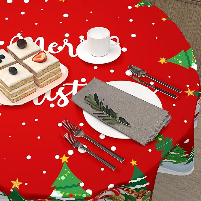Merry Christmas Tablecloth Round 60 Inch Santa Snowman Tablecloth Reindeer Table Cloth Snowflakes Red Table Cloth for Holiday Party Outdoor Dining Room Home Christmas Decorations
