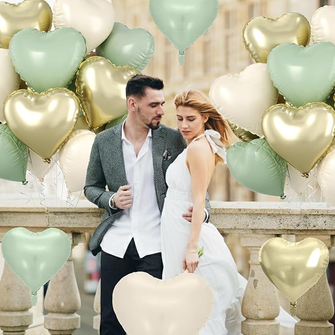 Sage Green Gold Heart Balloons, 10 Pcs Light Gold Cream Heart Shaped Balloon, 18 Inch Olive Green Sand White Foil Balloons for Jungle Safari Brithday Baby Shower Wedding Valentines Party Decoration