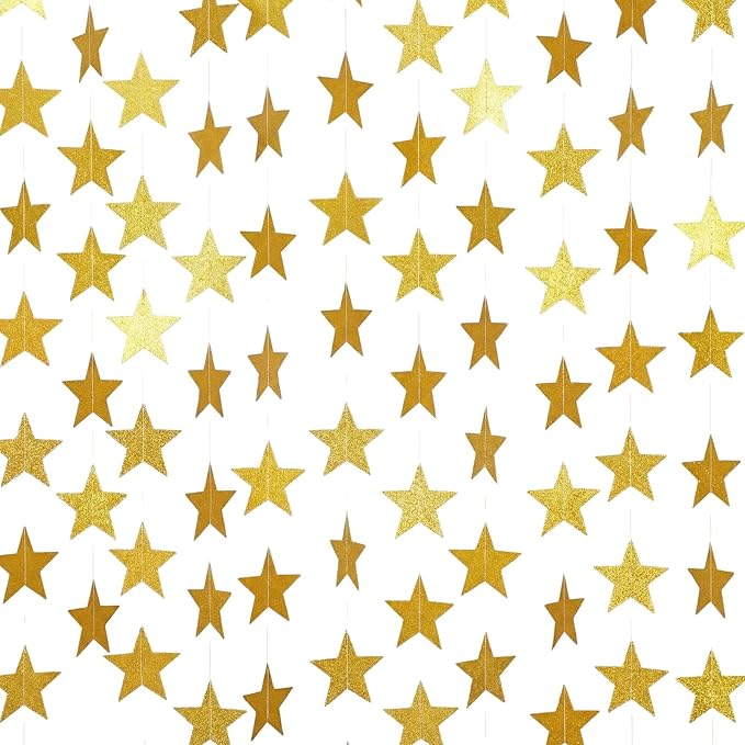 Spakon 65 Feet Glitter Star Paper Garland Banner Hanging Decoration Star Streamers Double Side 2026 Graduation Decorations for Wedding Birthday Festival New Year Party Decoration(Glitter Gold)