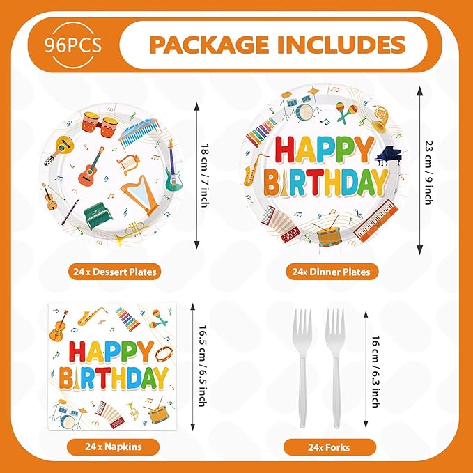 96Pcs Music Birthday Party Decoration Plates Musical Instrument Theme Plates and Napkins Music Notes Tableware Set for Musical Birthday Party Music Theme Baby Shower Supplies, Serves 24