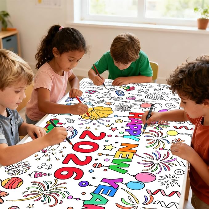 Happy New Year Coloring Tablecloth/Poster, New Years Decorations 2026, 72"x30" Giant Paper Coloring Banner Tablecloth for Kids Crafts Activities Party Decorations, Fun DIY New Years Eve Party Supplies