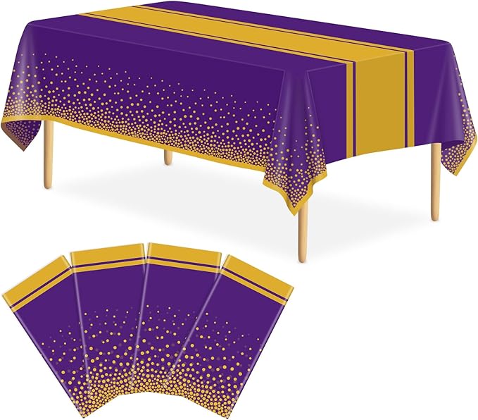 4 Pack Purple and Gold Tablecloth Party Decorations Plastic Purple Tablecloth Printed Gold Table Runner 54 x108 Inch Disposable Rectangle Table Cover for Birthday Wedding Graduation