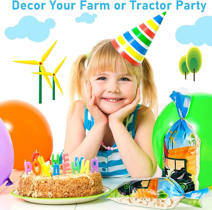 Gueevin 100 Pieces Cellophane Treat Bags Camp out Goodie Candy Favor Bags with 100 Pieces Twist Ties for Party Decorations Kids Birthday Party Baby Shower Supplies Gift Wrapping (Tractor Pattern)
