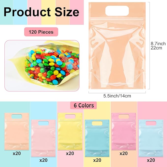120 Pcs Plastic Gift Bag Bulk Resealable Party Goodie Bag with Clear Window Color Favor Pouch with Handle for Home Birthday Wedding Party Candy Gift Wrap Supplies(Pastel,5.5 x 8.7 Inch)