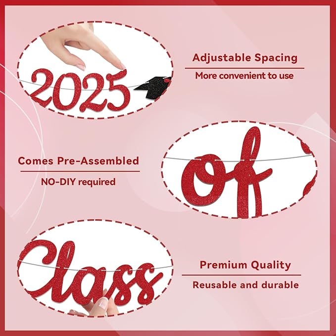 Pre-Strung Class of 2025 Banner, Graduation Party Decorations, Congratulations Grad Party Banner, High School College Graduation Classroom Celebrations (Red)