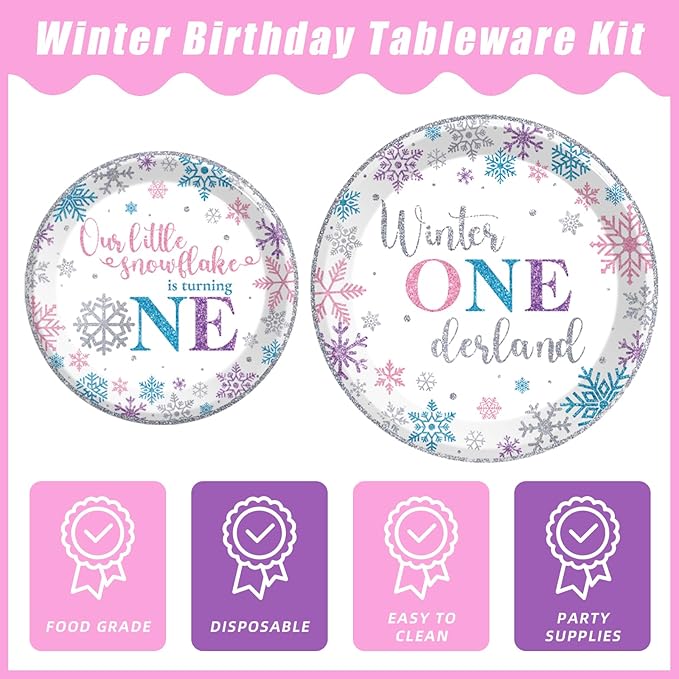 96pcs Winter Onederland Birthday Plates and Napkins Set, Pink and Silver Snowflake Winter Onederland 1st Birthday Party Supplies Decorations Snowflake for Baby Girls, Serves 24