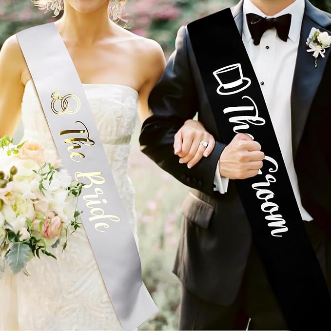 Bride and Groom Sash Just Married Sash The Bride Sash The Groom Sash Bachelorette Party Favors Just Engaged Sash Bridal Sash Engagement Gifts Black White