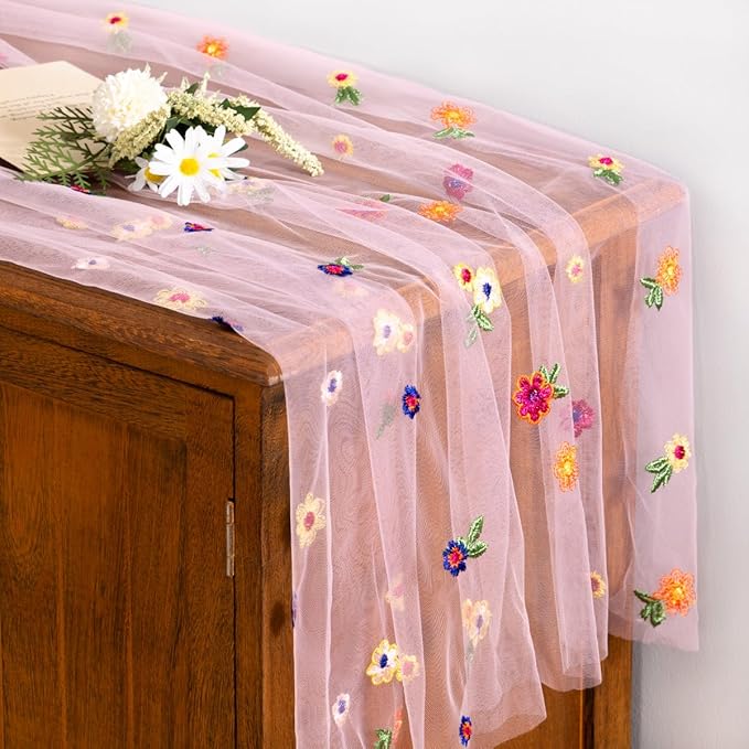 Socomi Pink Embroidery Daisy Spring Easter Floral Wildflower Tulle Gauze CheeseclothTable Runners for Wedding Party Baby Shower Birthday Holiday Picnic Home Decor 1pc