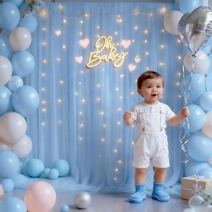 10x8ft Baby Blue Tulle Backdrop Curtain with Lights String for Parites, Sheer Photo Backdrop Curtains for Wedding Baby Shower Baby Boy Shower Birthday Party Photo Shoot Background Decorations