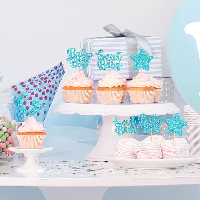 Gyufise 24Pcs Blue Glitter Baby Boy Cupcake Toppers Star Moon Sweet Baby Babyshower Boy Cupcake Picks for Baby Shower Boys Birthday Party Cake Decorations Supplies
