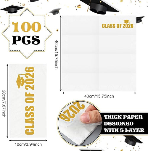 100 Set Graduation Class of 2026 Guest Gold Napkins Black Rolled Silverware Disposable Grad Award Dinner Napkin with Ribbon and Scissors for Celebration