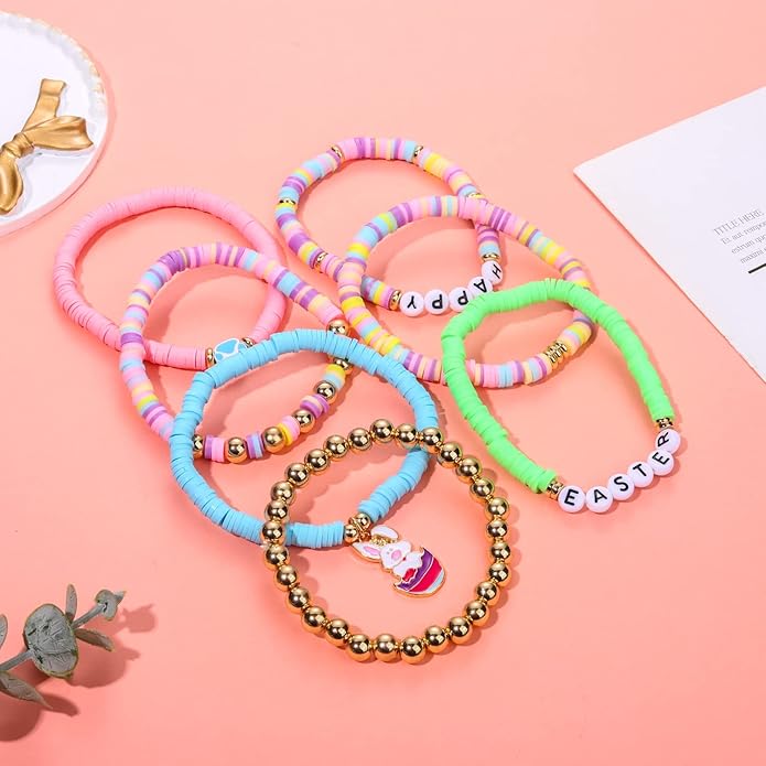 Surfer Heishi Bracelets for Women Stackable Rainbow Vinyl Disc Clay Beaded Stretch Bracelets Elastic Layering Friendship Bracelets Boho Summer Beach Jewelry
