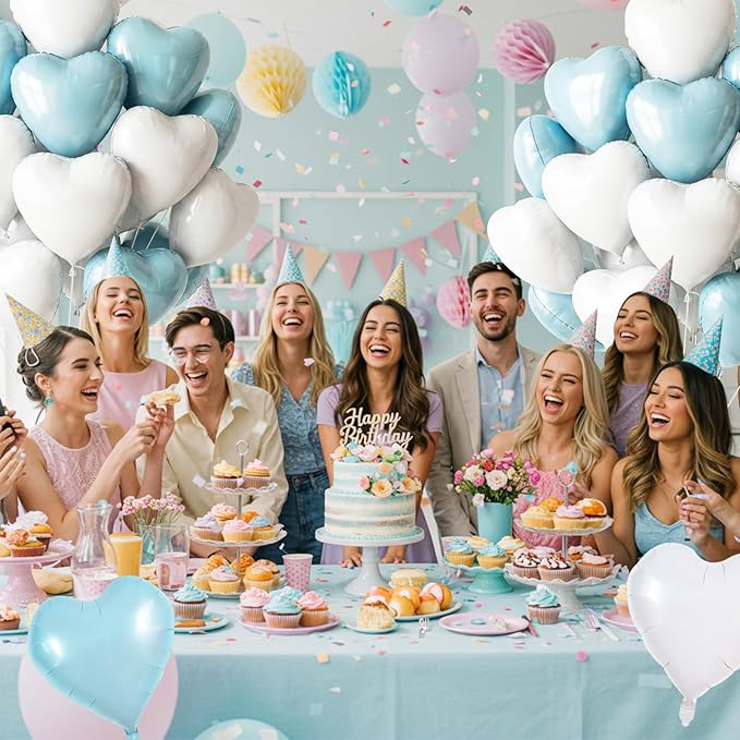 TONIFUL 30Pcs 18 Inch Light Blue White Heart Balloons Pastel Blue Heart Shape Foil Mylar Banners Decoration for Birthday Valentine's Day Wedding Bridal Shower Anniversary Engagement Party Supplies
