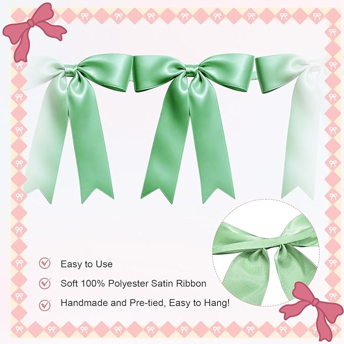 2 Strings of 16PCS Sage Green Bow Garlands Banner Decoration,Pre-Strung Satin Ribbon Ornaments for Birthday,Bachelorette Party,Bridal Shower,Wedding,Engagement,Baby Shower,Graduation Decor,Anniversary