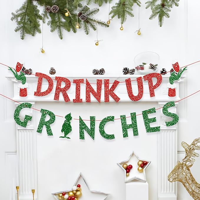 Christmas Banner Grinches Party Decorations Drink Up Banners Indoor, Glittery Christmas Decor Banner, Red Green Banner for Home Fireplace Decor