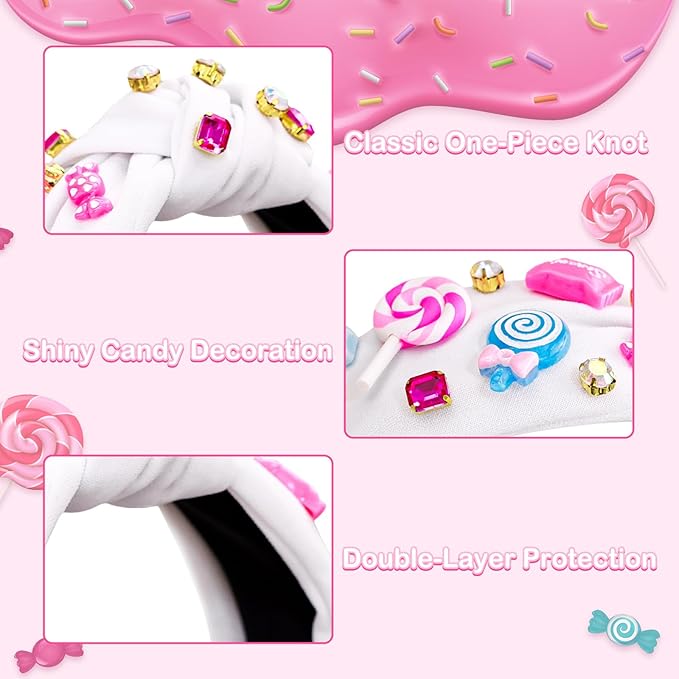Candy Knotted Headbands for Women, Lollipop Sugar Charms Rhinestone Jeweled Wide Cute Headband for Girls, Fashion Hairband Hair Accessories Birthday Holiday Candyland Party Favors Gifts - White