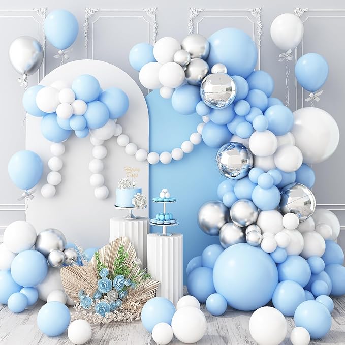 Blue White Balloon Arch Kit Baby Blue White Silver Balloon Garland 4D Silver Foil Balloons Pastel Light Blue Silver Latex Balloons Christening Boy Birthday Baby Shower Party Decorations QQ-113