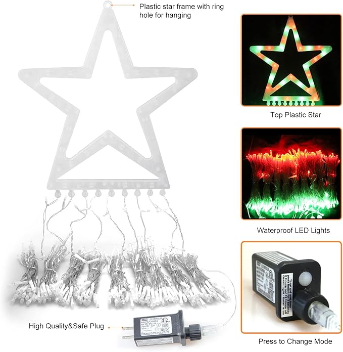 Outdoor Christmas Lights, 320 LED String Lights with Star Tree Topper, Outdoor Christmas Decorations [8 Modes & Waterproof] for Halloween Xmas New Year Holiday (Plastic Star-Red & Green)
