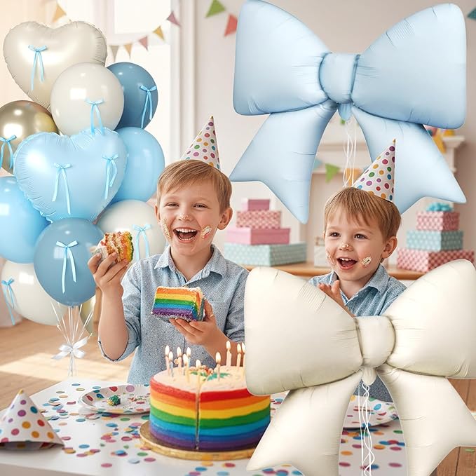 Blue and Cream Heart Balloons, 38 Inch Bow Balloons, Dusty Baby Blue Sand White Champagne Gold Balloon and Bow Heart Shaped Foil Balloon for boys Birthday Baby Boy Shower Valentines Day Decorations