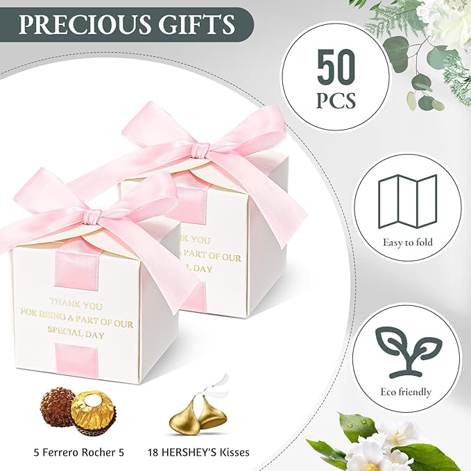 Marspark 50 Pcs Wedding Favor Boxes, 2.5 x 2.5 x 2.5 Inch Wedding Party Candy Boxes with Ribbons Bridal Gift for Guests Bridal Shower Birthday Party Anniversary Supplies(Pink)