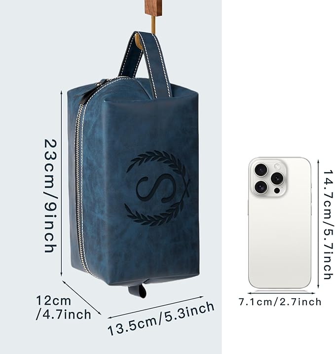 Personalized Gifts Travel Toiletry Bag for Men Engraved Initial PU Leather Waterproof Shaving Bag for Toiletries Accessories Fathers Day Birthday Gift for Men Dad Husband Son, Dark Blue R