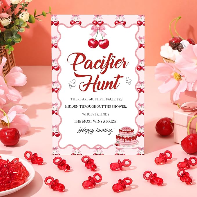 Thyle 51 Pcs She's Our Cherry on Top Theme Baby Shower Games Red Cherry Pacifier Hunt Include Hunt Sign and 50 Acrylic Pacifiers for Baby Shower Game Decoration Gift Sets Gender Reveal Party Decor