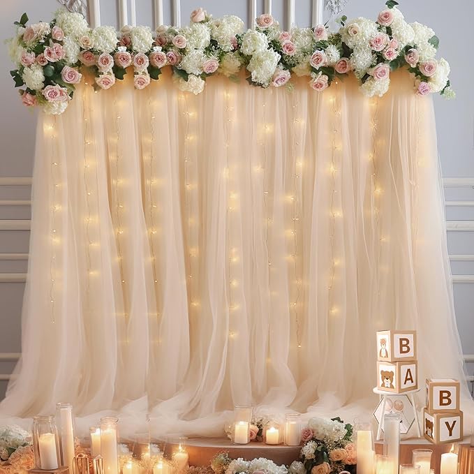 30x10ft Champagne Tulle Backdrop Curtain with Lights String for Parites, Sheer Backdrop Curtains for Wedding Baby Shower Birthday Party Photo Shoot Decorations
