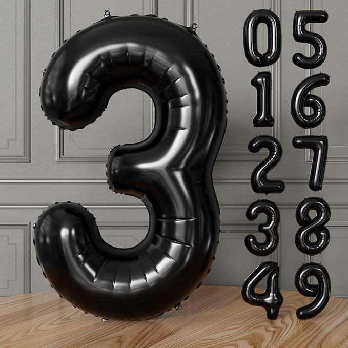 Black Number 3 Balloons – 40 Inch Giant Foil Number Balloon, Black Number Balloon for Men Women Boys Girls Birthday Graduation Anniversary Party Decorations