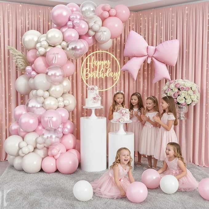Double Stuffed Pearl White and Pink Balloon Arch Garland Kit, Pearl White Beige with Pink Bow Foil Balloons for Girls Women Wedding Bridal Baby Shower Bachelorette Coquette Birthday Party Decorations